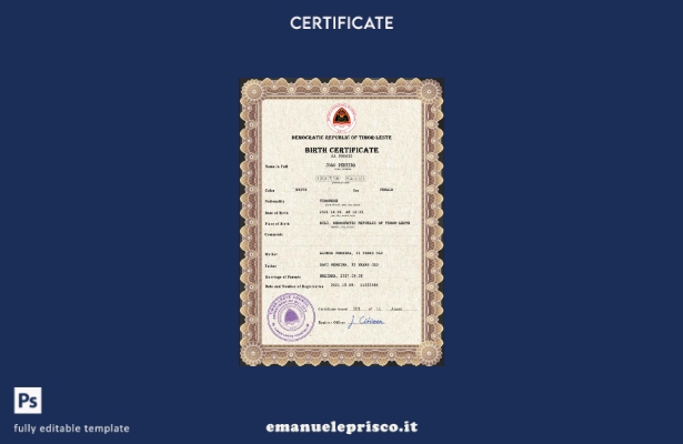 modello PSD del certificato di nascita dello stato di stato di Timor Est in stil